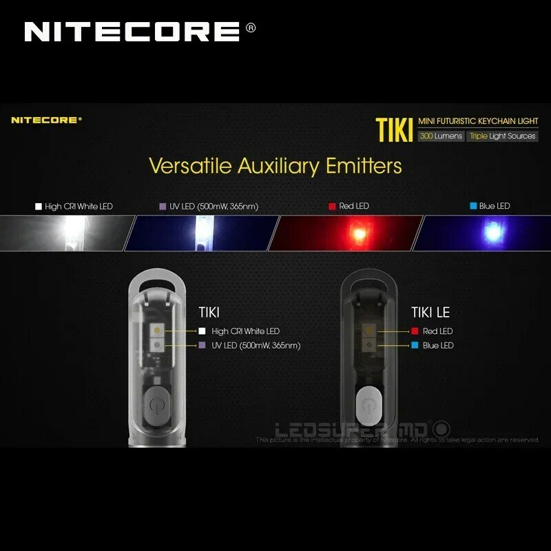 NITECORE TIKI Keychain Light 300Lumens Type-C Rechargeable Built-in Battery Auxiliary Red+Blue Triple Lihgt LED Flashlight