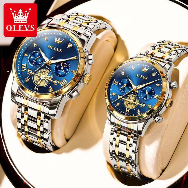 OLEVS jam tangan pasangan asli modis, jam tangan kotak kekasih cantik tahan air bercahaya fase bulan