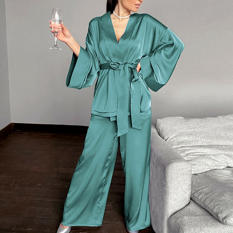 Conjunto feminino de pijamas de cetim solto, tops de manga comprida, calças, conjuntos de roupão, pijama, roupas de casa, calças, loungewear feminino