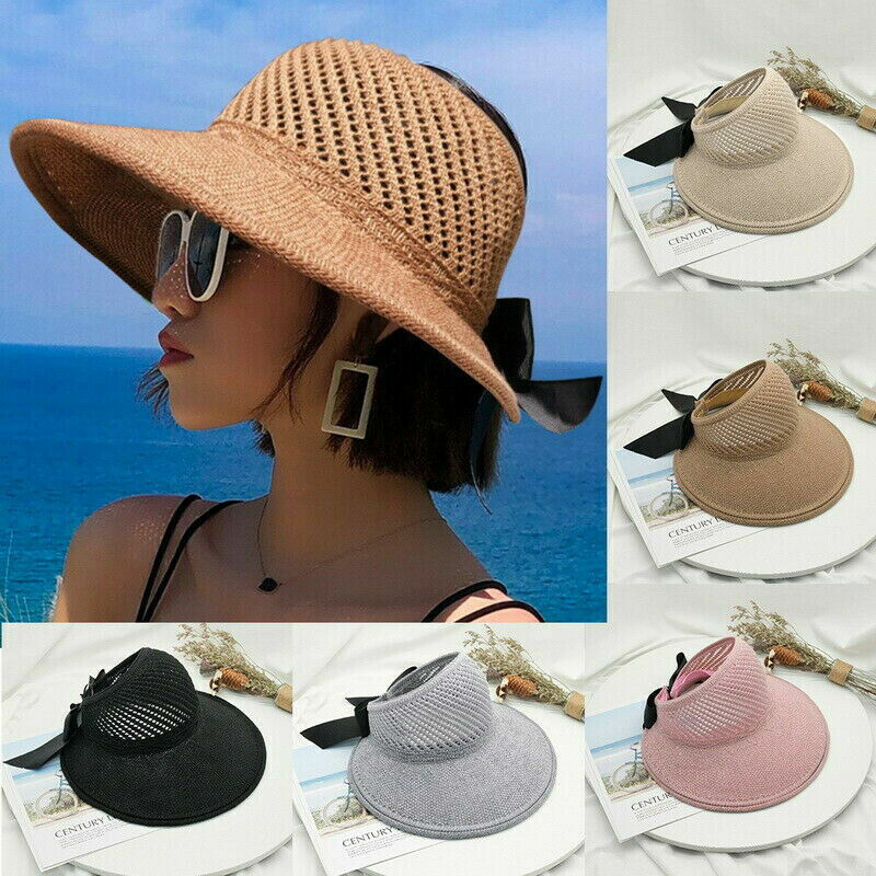 Chapéu de praia largo dobrável feminino com laço, chapéu de sol portátil, viseiras superiores vazias, respirável, anti-UV, boné feminino