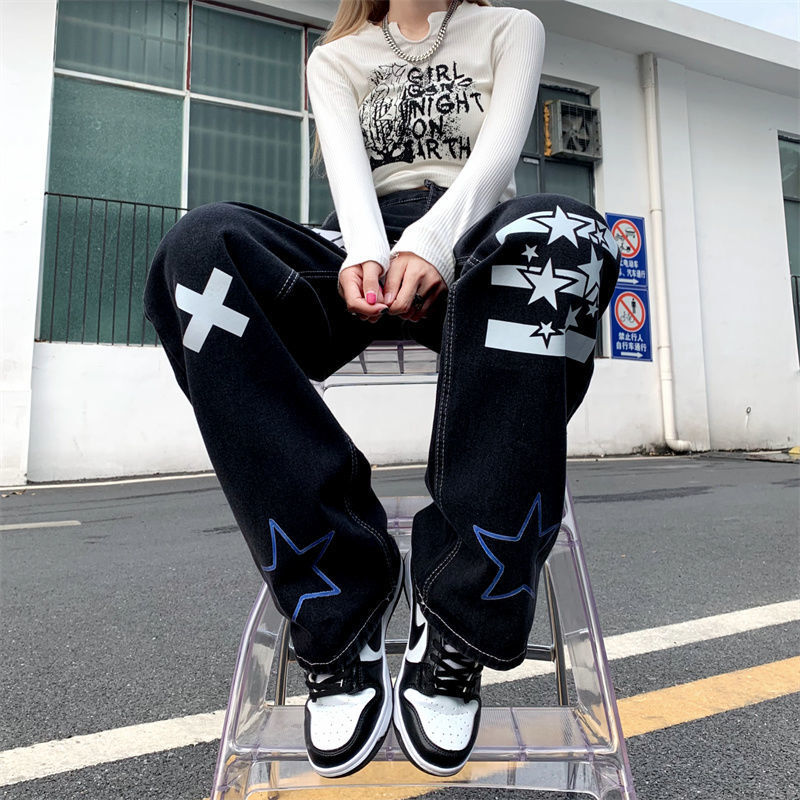 Casual Denim Broek Harajuku Gewassen Hip Hop Jean Broek Brief Print Straight Losse Jeans Womens Retro High Street Oversize