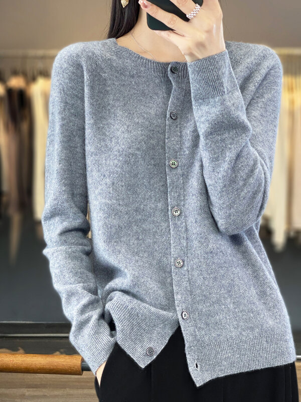 Long Sleeve 100% Pure Merino Sweaters Wool Spring Autumn Cashmere Women Knitted  O-Neck Top Cardigan Clothing Tops