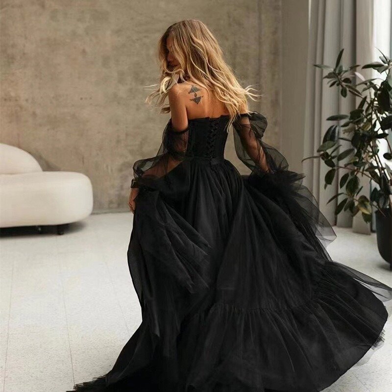 Wakuta-Vestidos de noite de mangas compridas de um ombro feminino, renda transparente, preto, cauda fofa, vestidos de casamento sexy, feminino, 2024