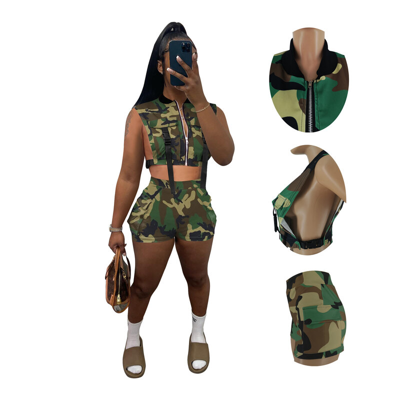 Women Sexy Sleeveless Vest Crop Top + Shorts Skinny Club Party Two Piece Set Casual Summer Camouflage Print Short Tracksuit