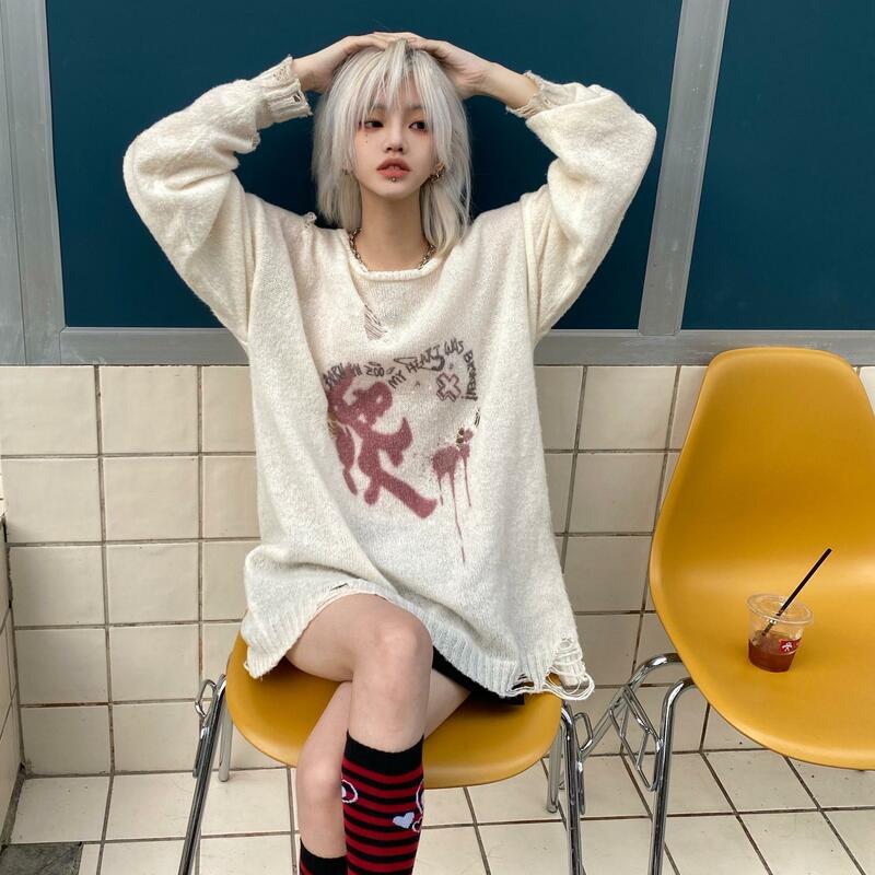 Y2k millennial punk girl tear-through design love graffiti sweater spring casual loose top Harajuku print pullover top