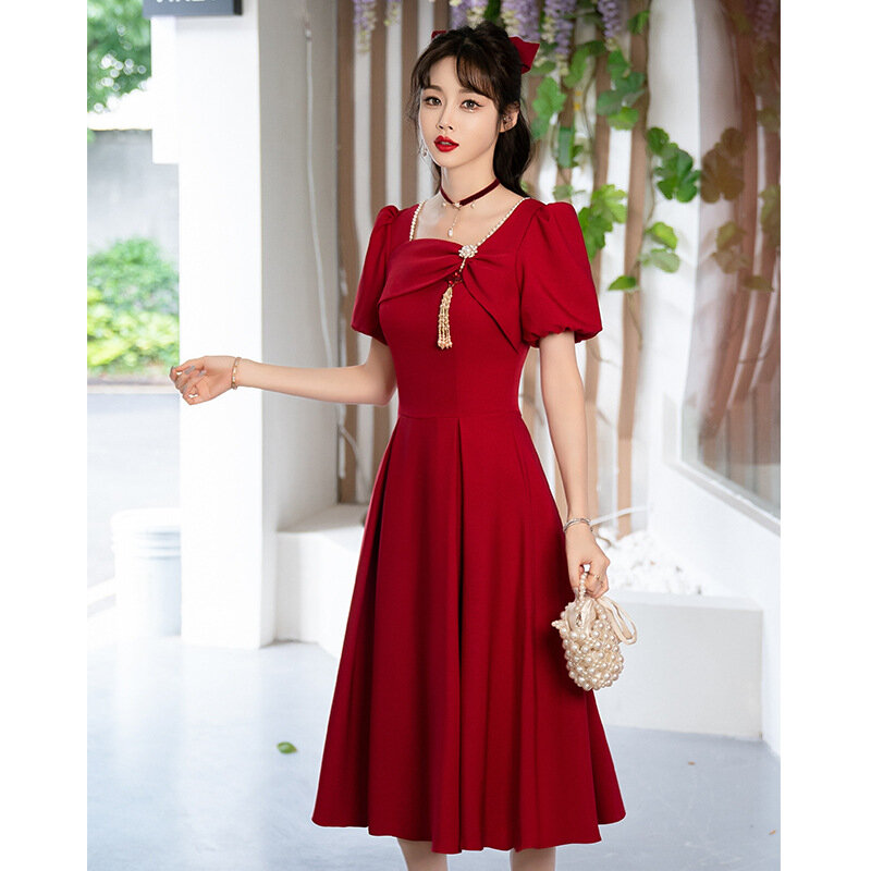 Женское платье с квадратным вырезом, темно-красное элегантное платье средней длины с коротким рукавом-фонариком, трапециевидного силуэта, официальное платье