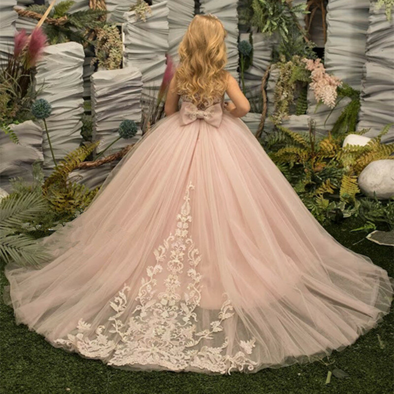 Gaun gadis bunga sampanye Fluffy Tulle lengan panjang leher bulat pengiring pengantin ulang tahun gaun pernikahan mewah hadiah