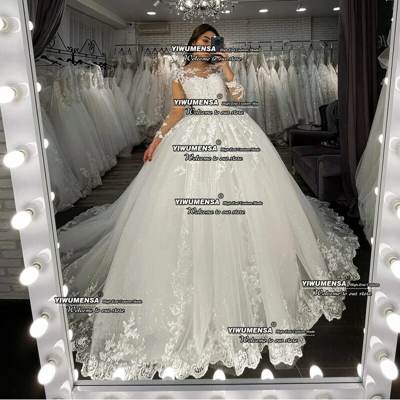 Gaun Pengantin Gaun Bola Mewah Dibuat Sesuai Pesanan Applique Lengan Panjang Gaun Acara Pernikahan Wanita Putri Putih Pesta Formal Pengantin