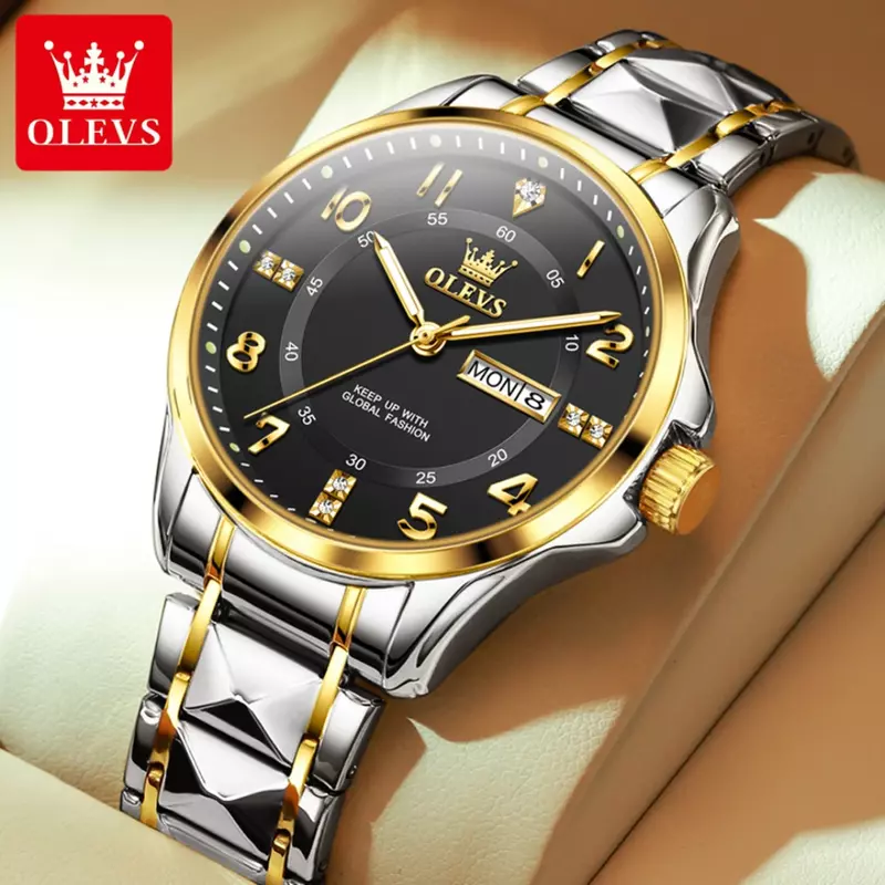 OLEVS jam tangan arloji Quartz kasual 2910, gelang jam tangan bulat dengan tampilan minggu kalender