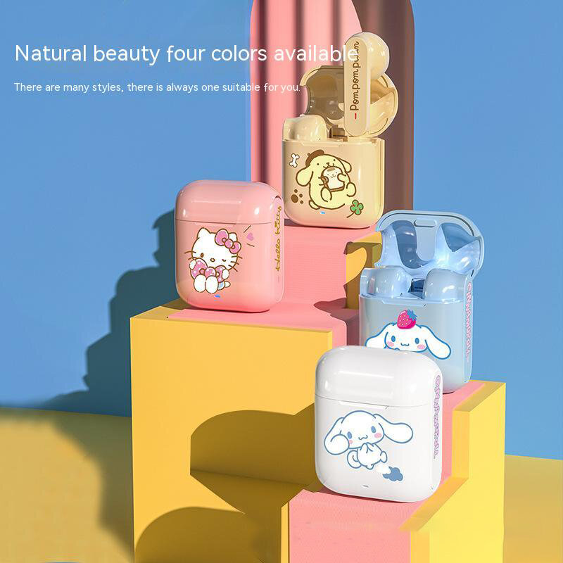 Sanrio Cinnamoroll słuchawki bezprzewodowe Mic Kuromi słuchawki Bluetooth sportowe słuchawki douszne Hello Kitty melodia sterowanie dotykowe zabawki