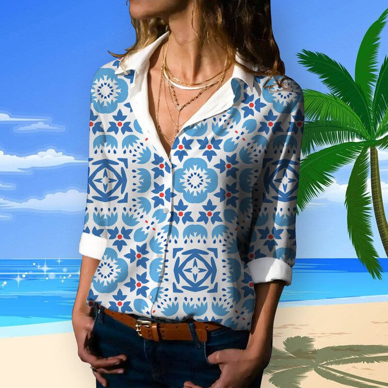 Camisa hawaiana de manga larga con estampado geométrico para mujer, blusa sencilla de oficina, talla grande, moda de primavera y verano