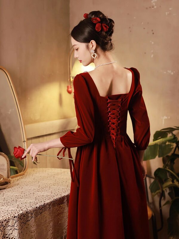 Vestido de noite formal de veludo vermelho vinho feminino, manga comprida retrô, colarinho quadrado cristal, ajuste fino, vestido maxi com renda, vestido de festa feminino