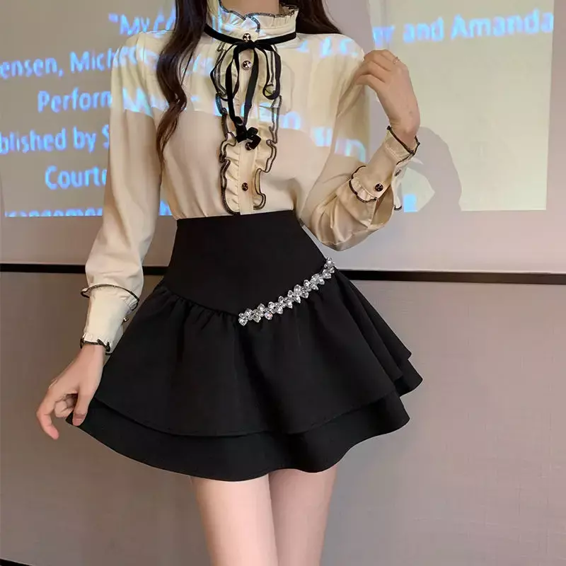 Mini jupe trapèze taille haute à volants et diamants, jupe de gâteau assortie, mode coréenne élégante, école douce Kawaii, été, nouveau
