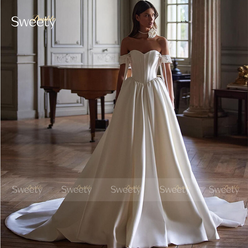 Gaun pengantin A-Line antik Satin lembut dengan gaun pesta pita gaun pengantin lengan pendek tanpa tali gaun pengantin berenda Robe De Mariee elegan