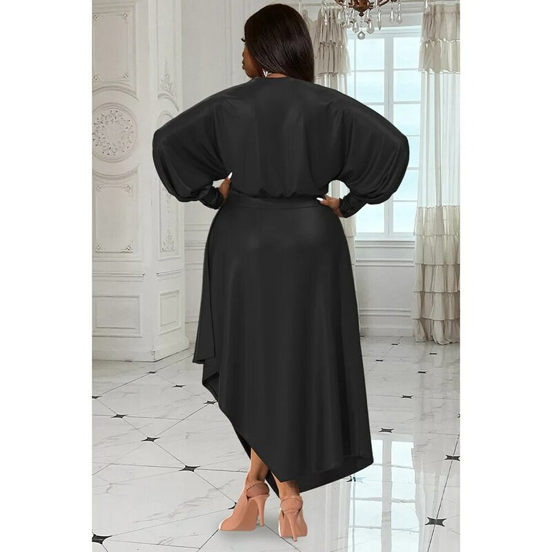Plus Size Daily Dress Brown V Neck Long Sleeve Irregular Satin Maxi Dress