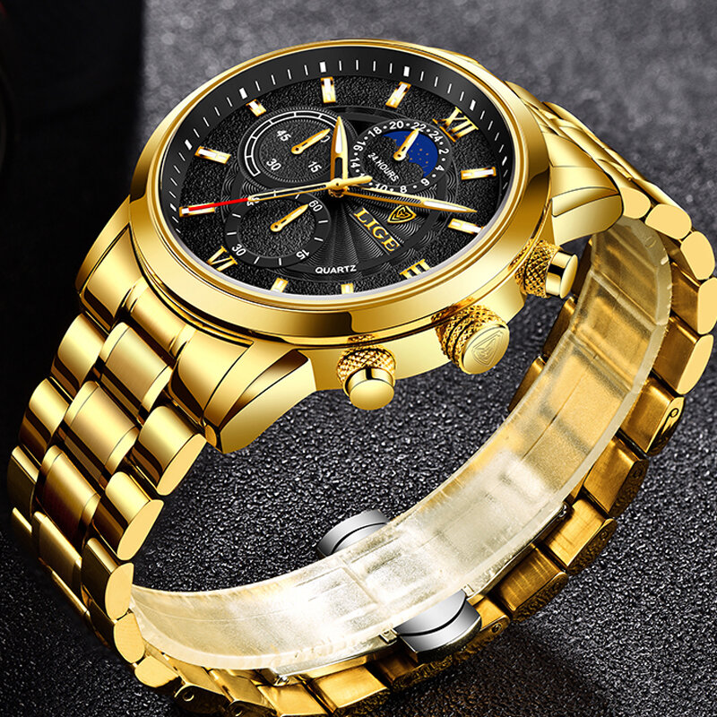 LIGE-reloj analógico de acero inoxidable para hombre, accesorio de pulsera de cuarzo resistente al agua con cronógrafo, complemento masculino deportivo de marca de lujo con diseño militar en color dorado