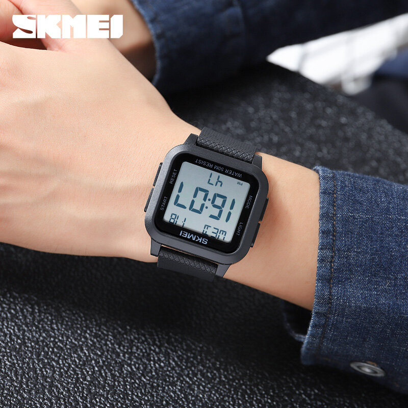 SKMEI 스포츠 디지털 LED 시계, 크로노 전자 손목시계, 방수 카운트다운 시계, 패션