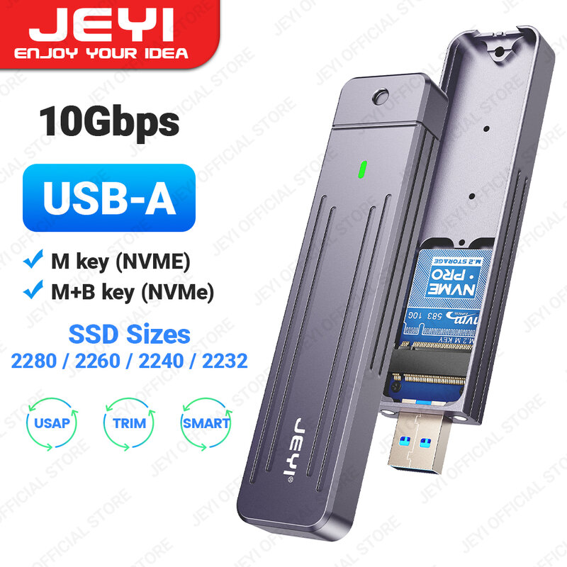 JEYI Direct-attach M.2 NVMe Enclosure, USB-A Plug USB 3.2 10Gbps In-line Aluminum 2242 2280 SSD Case With Magnet Protective Case