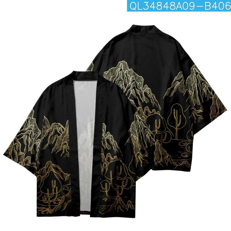 Mode Chinesischen Stil Schwarz Druck Strickjacke Traditionellen Kimono Japanischen Frauen Männer Streetwear Strand Yukata Cosplay Haori Shirts