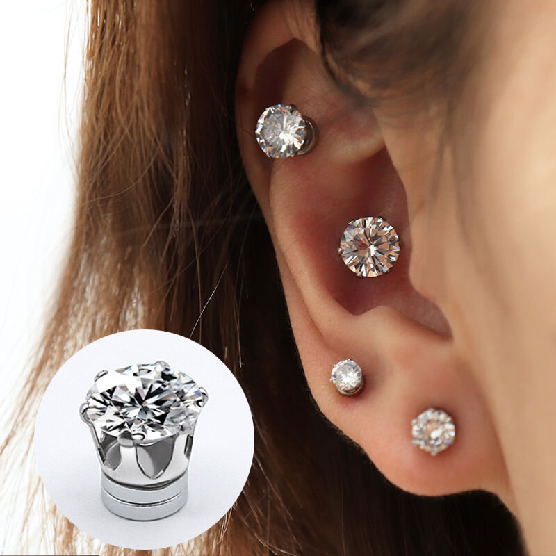 Unisex Magnetic Stud Earrings Round Crystal Rhinestone Clip Earrings Women Men Non Piercing Fake Earring Fashion Jewelry