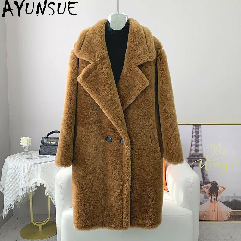 Ayunsue-羊毛刈り機ジャケット2023,ウールコート,ファーコート,ミッドレングス,オーバーコート,100%