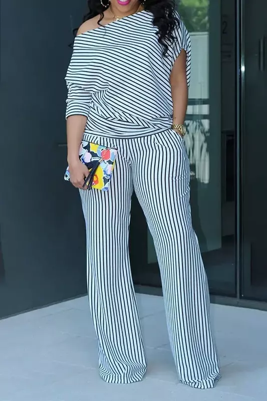 Striped Women's Set Iregular Sleeve Off Shoulder T-shirt and Wide Leg Pants 2024 Two 2 Piece Sets Outfits Tracksuit