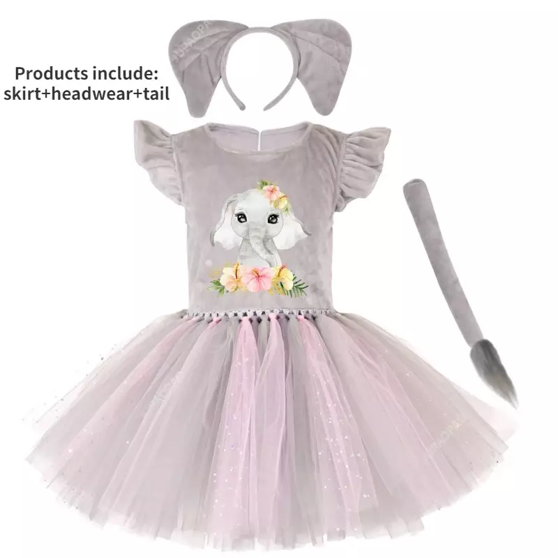 Gray Animal Elephant Dress For Girls Cosplay Costume With Tail Headband Summer Halloween Birthday Party Christmas Gifts 1-10T