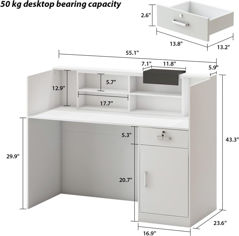 Mostrador de recepción con estante ajustable y drenaje bloqueable para salón, sala de recepción, Oficina de pago, blanco