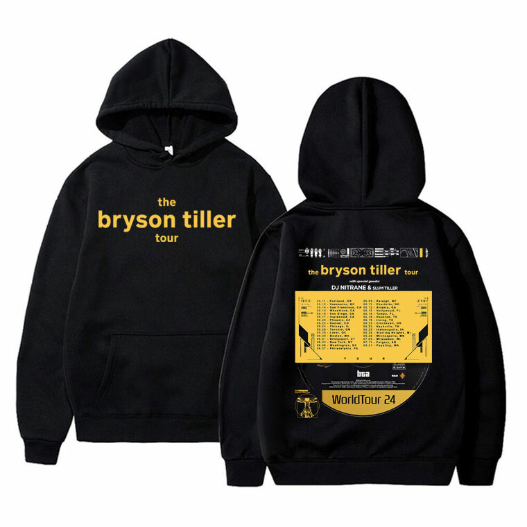 Sudadera con capucha con estampado gráfico de rapero The Bryson Tiller World Tour para hombre y mujer, Sudadera con capucha de algodón de gran tamaño, moda Hip Hop