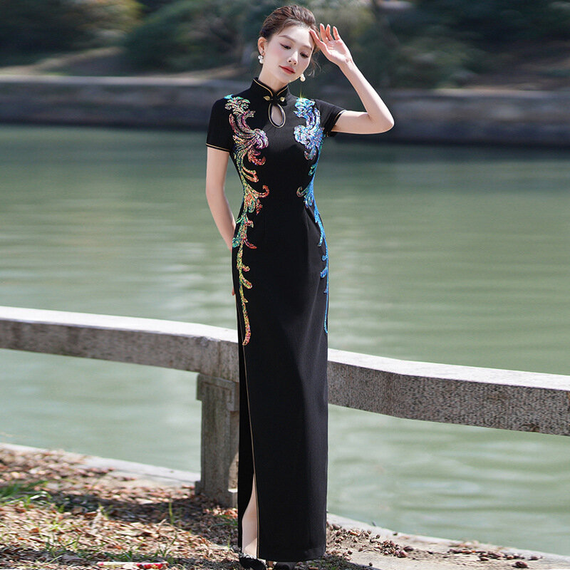 Vestido de fiesta de noche elegante, 5XL talla grande, negro, Vintage, alta elasticidad, mejorado, nuevo, chino tradicional, cheongsam, Qipao