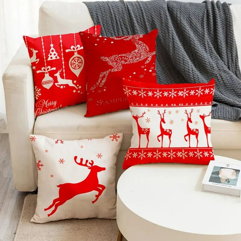 Merry Christmas Tree Reindeer Snowflak Print Soft Square Pillowslip Linen Blend Cushion Cover Pillowcase Living Room Home Decor