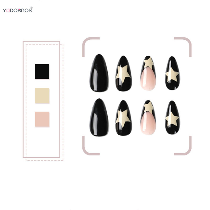 Uñas postizas de estilo francés negro Y2K, uñas postizas de almendra, diseño de estrella de cinco puntas, manicura Artificial DIY