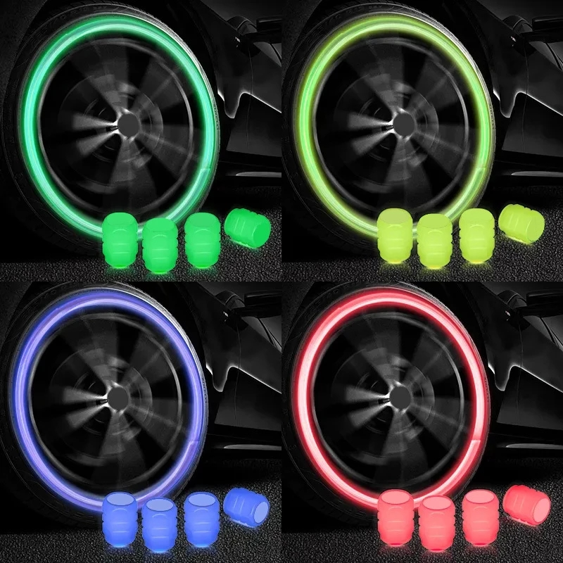 1-4pcs Luminous Valve Caps Fluorescent Green Blue Night Glowing Car Motorcycle Bicycle Wheel Styling Tyre Hub Luminous Cap Decor