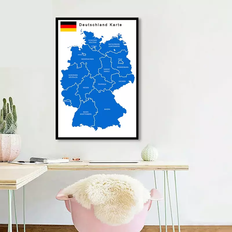 Póster de arte de pared alemán, mapa politico de Alemania, lienzo de pintura para decoración del hogar, suministros escolares, 60x90cm