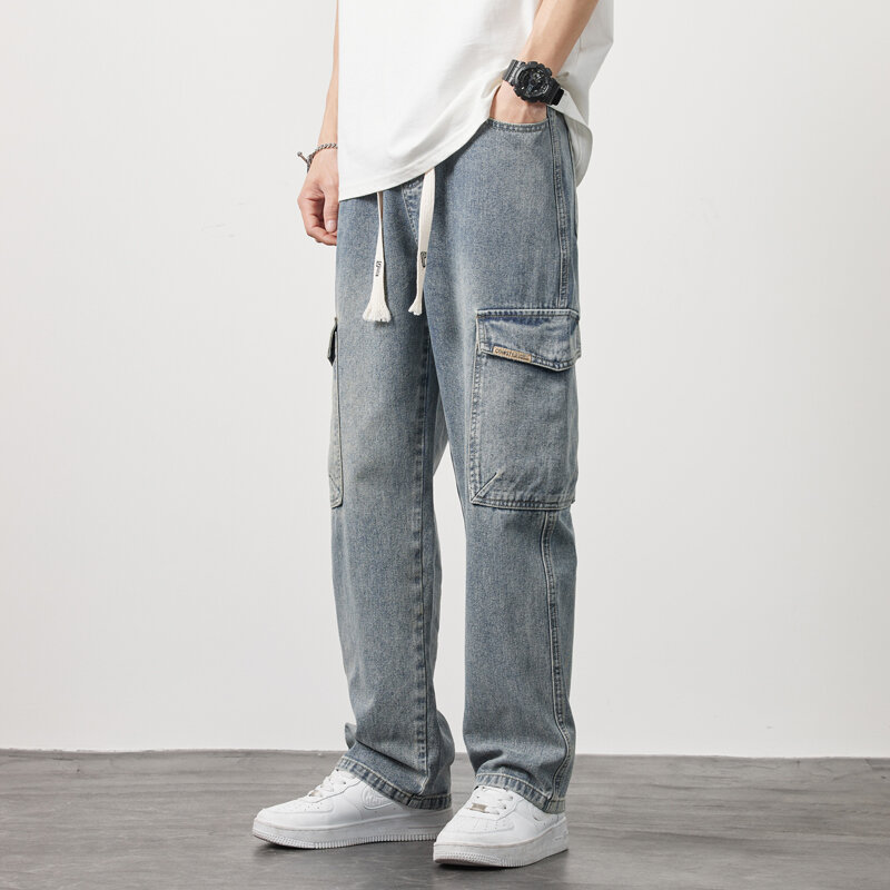 Calça jeans reta casual masculina, calça de cintura elástica, moletom macio, calça jeans larga vintage, roupa masculina
