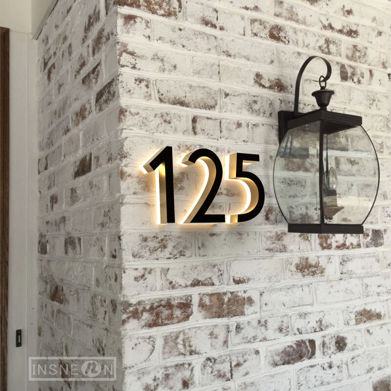 Aço inoxidável LED sinal numérico, 3D iluminado placa da porta, anti-envelhecimento, impermeável porta marcador, endereço logotipo, iluminado carta