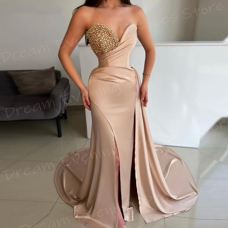 Elegant Champagne Women's Mermaid Beautiful Evening Dresses Charming Strapless Pleated Prom Gowns Pearls Beaded Robe De Soiree