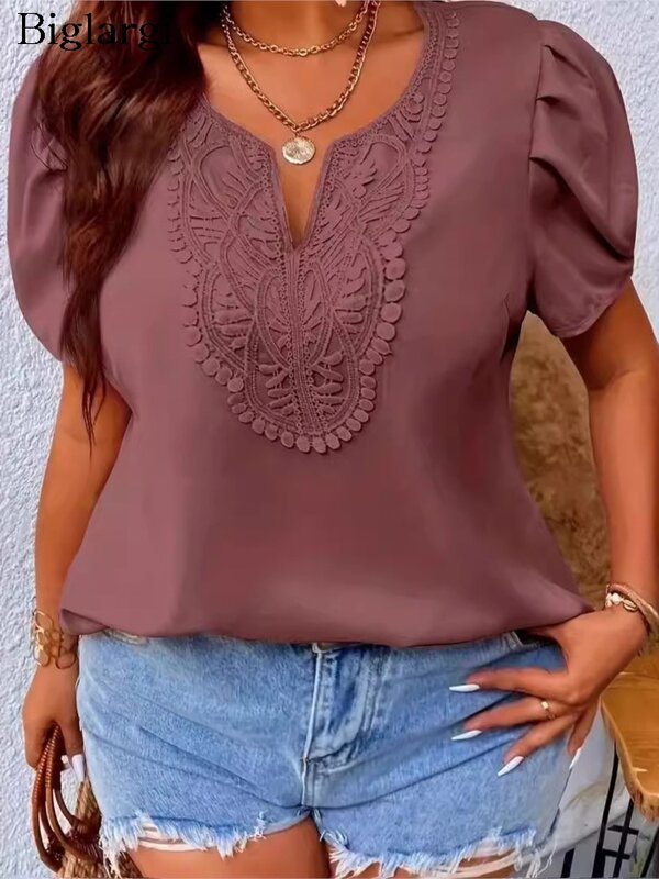 Plus Size Summer V-Neck Pullover Tops Women Floral Embroidery Modis Casual Short Sleeve Ladies Blouses Loose Pleated Woman Tops