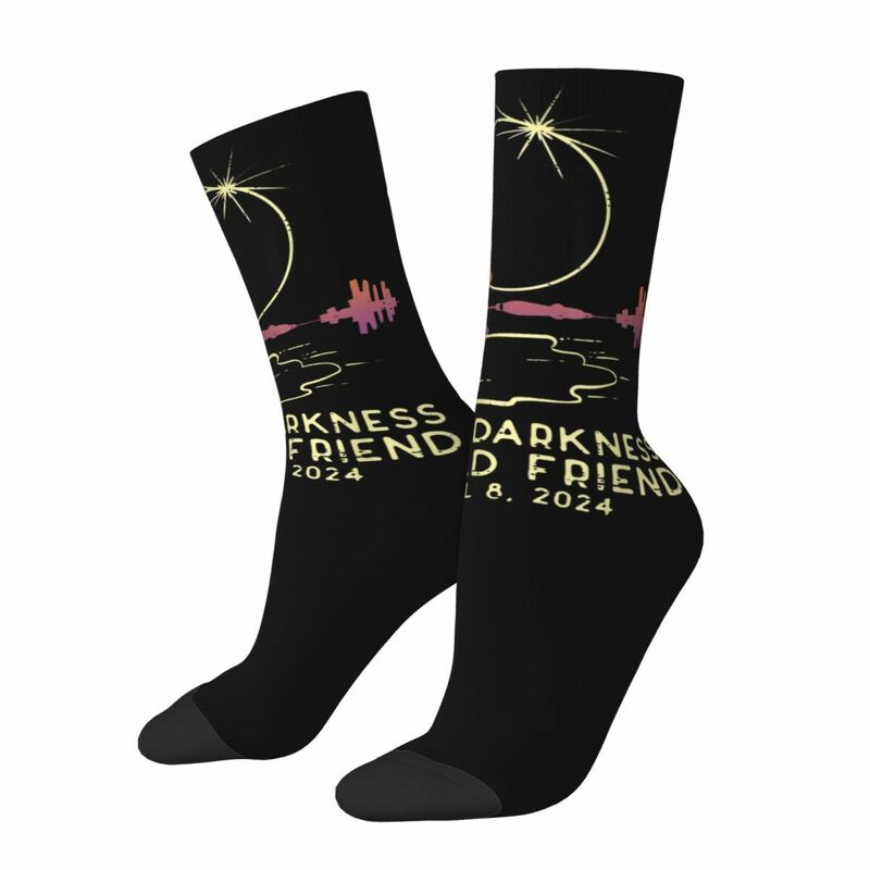 Men's Women's Funny Solar Eclipse 2024 April 8 Socks Warm Fashion Hello Darkness Socks Novelty Middle Tube Crew Socks