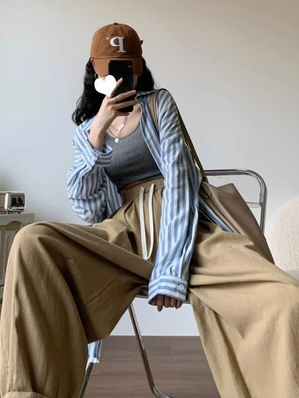 Pantalones holgados de estilo Vintage para mujer, pantalón informal de uso diario con bolsillos, sencillo, elegante y acogedor, con cordón especial, novedad