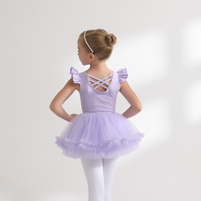 Kinder tanz kostüme, sommerliche ärmellose lila Baumwoll mädchen übungs kleidung