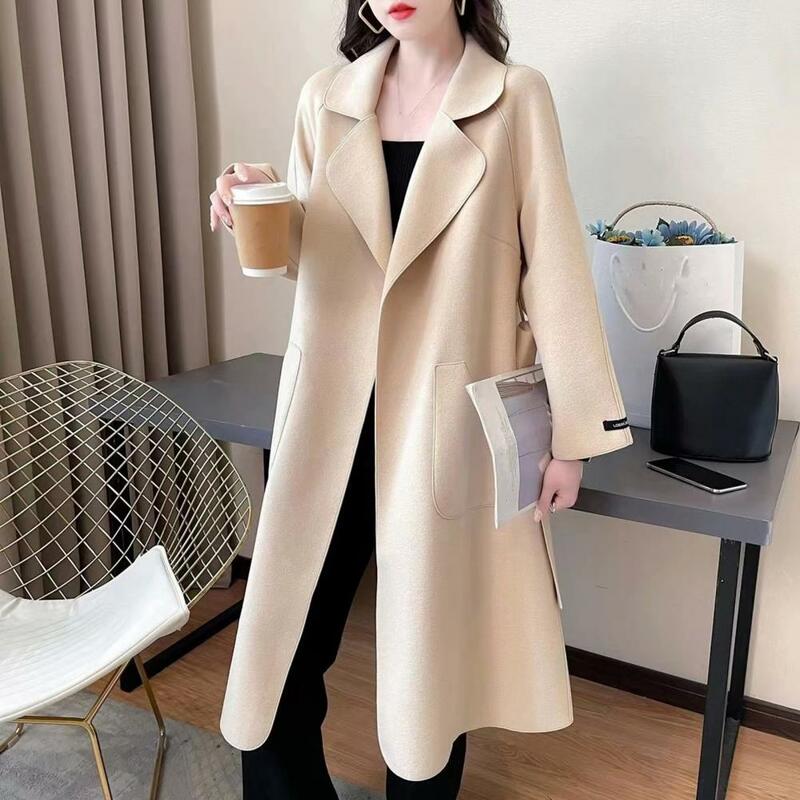 Fall Winter Women Overcoat Turn-down Collar Long Sleeve Loose Outerwear Solid Color Thick Warm Lady Mid-calf Length Trench Coat