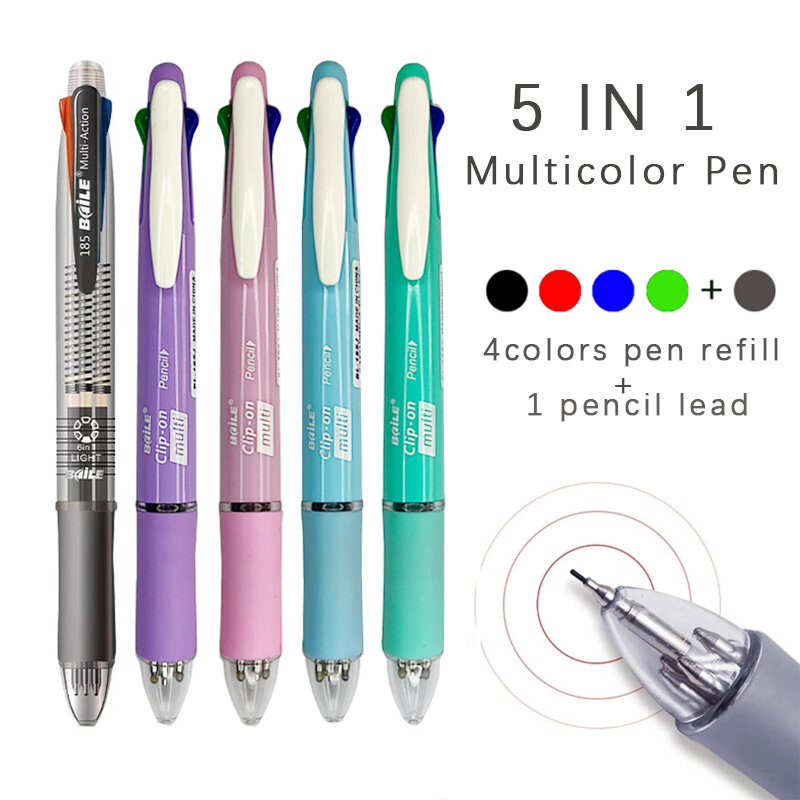 5 In 1 여러 가지 빛깔의 볼펜, 크리에이티브 4 색 볼펜, 리필 및 연필 리드, 다기능 펜, 사무실, 학교 필기 용품