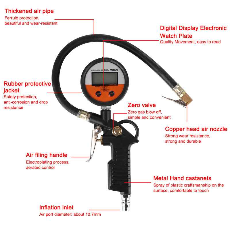 Manometro per pneumatici per moto digitale/immersione in olio/Display puntatore misuratore di prova per pneumatici con ugelli per tubi di gonfiaggio Tester per auto per camion