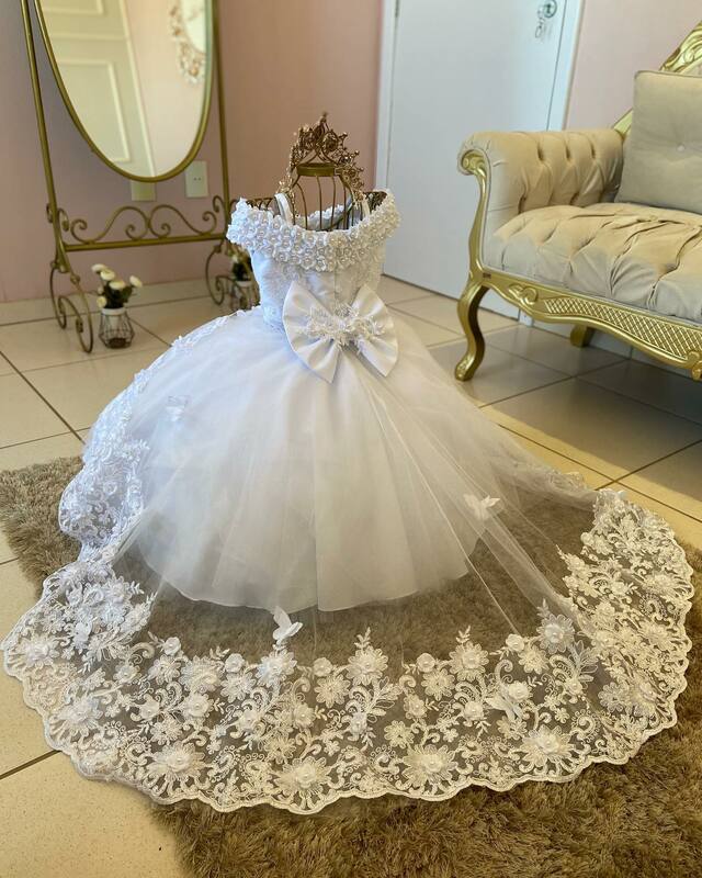 White Pearls Flower Girl Dress For Wedding Puffy Sleeveless Princess Birthday Party Beaded Tulle Christmas First Communion Gown