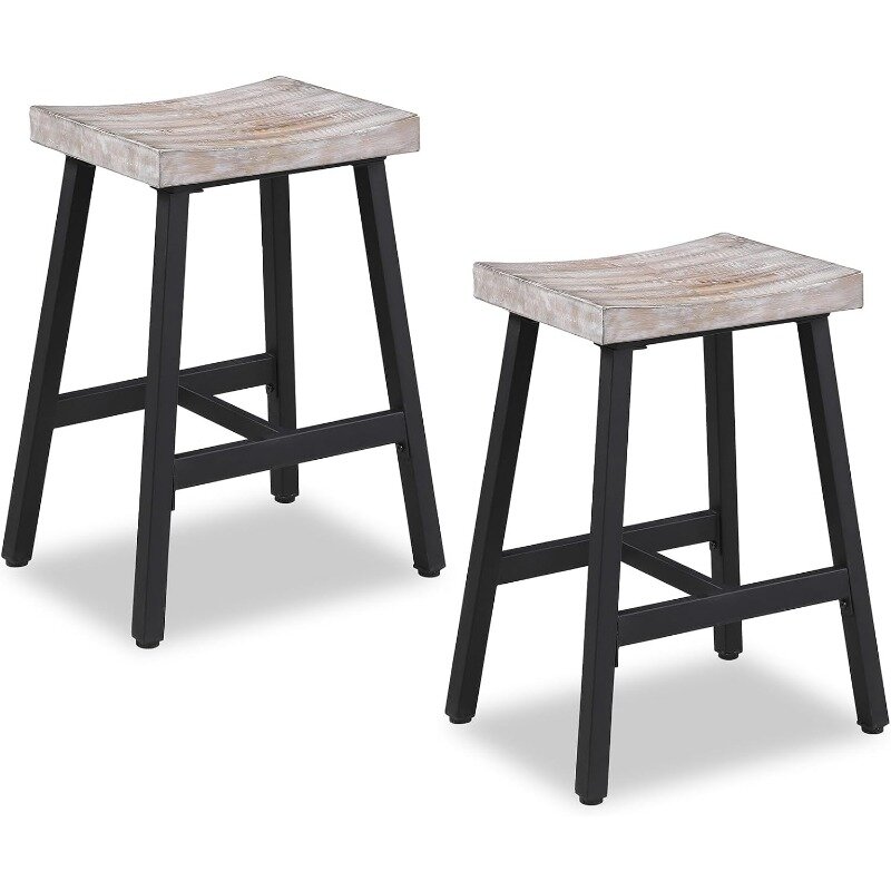 مقاعد بار ارتفاع العداد ، مقاعد سرج الخشب الصلب مع أرجل معدنية ، مقاعد طاولة المطبخ ، مجموعة من 2 ، 24 بوصة