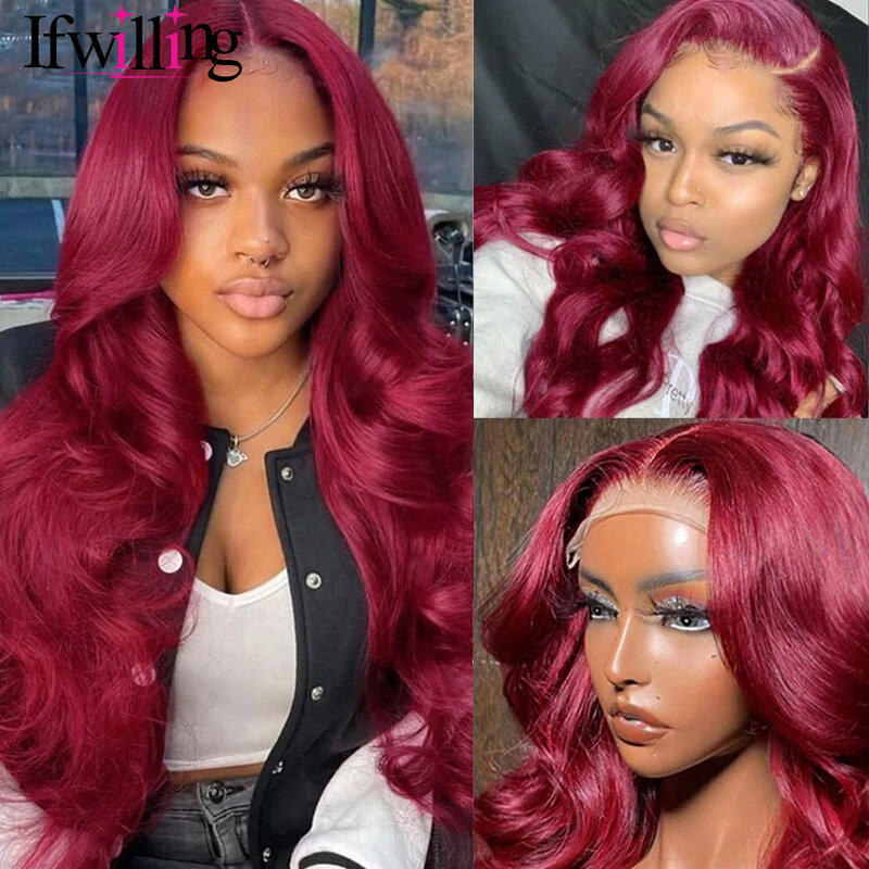 Body Wave Human Hair Wigs 99j HD Lace Frontal Wig 13x6 Burgundy 13x6 HD Lace Frontal Human Hair Wig 30 Inch Lace Front Wig