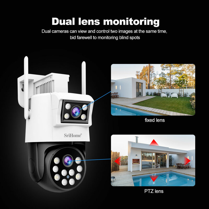 Srihome-cámara IP de doble lente para exteriores, videocámara PTZ de 4MP HD con WiFi, seguimiento automático de IA, videovigilancia de seguridad CCTV