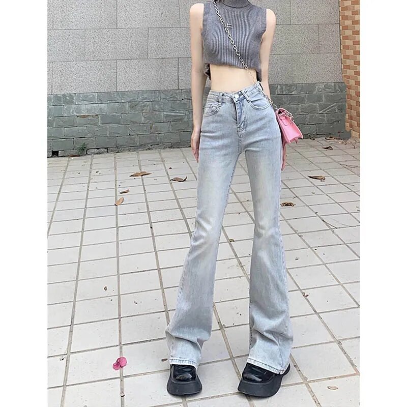 Летние женские расклешенные рваные джинсы со средней посадкой, джинсовые брюки, винтажные Стрейчевые уличные брюки, узкие джинсы для мам, длинные брюки
