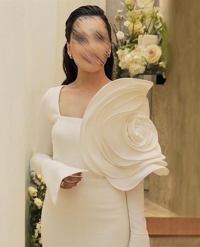 Oisslec Prom Dresses Slit Fashion Square Sheath Party Dress Tea Length Long Sleeve Flower Satin Formal Evening Gowns イブニングドレス